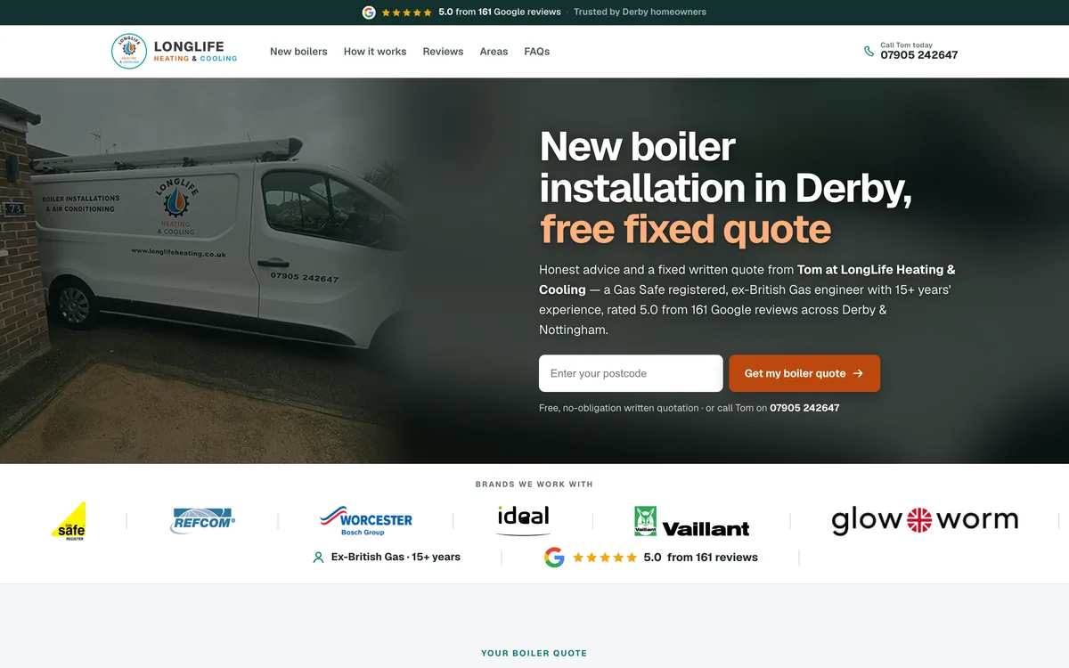 Boiler installation landing page built by Summit Leads